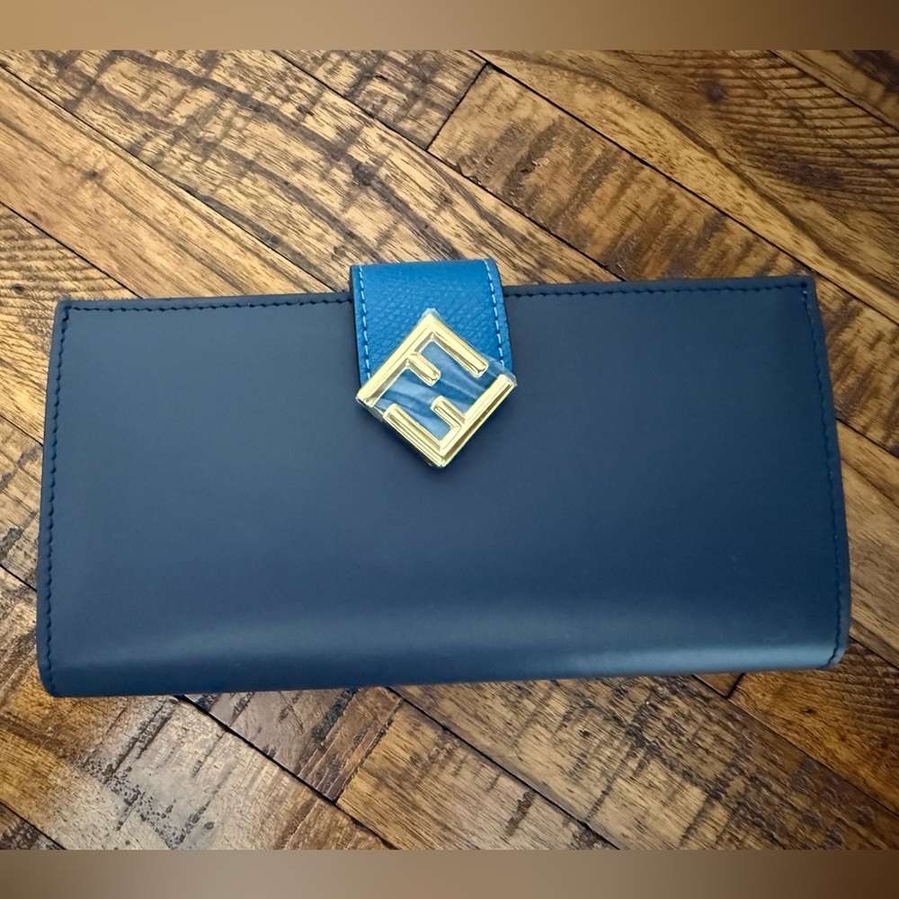 Fendi Blue Leather Wallet with Gold Logo
